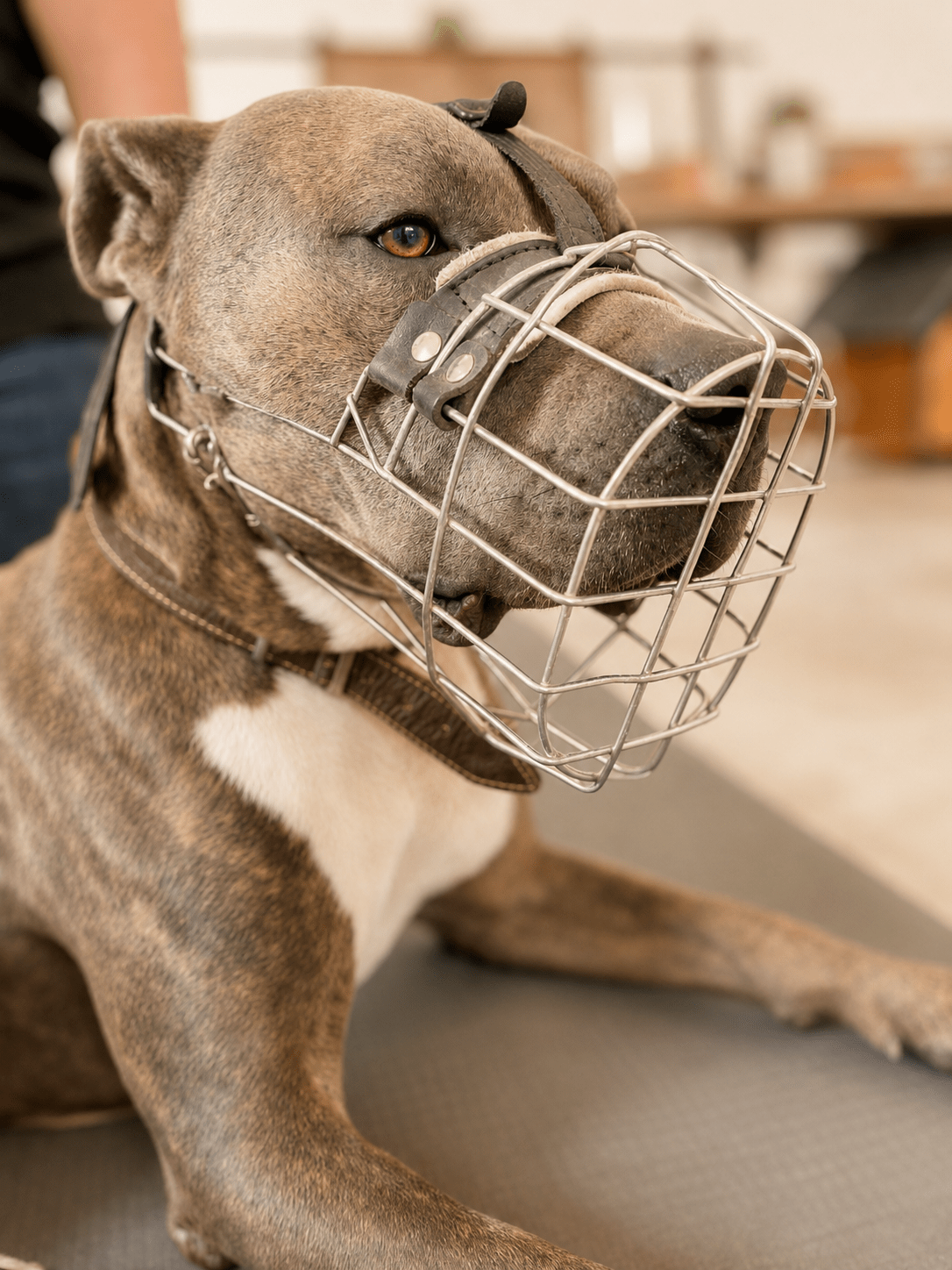 Hund mit Maulkorb, Staffordshire Terrier, manuelle Therapie, Tierphysiotherapie